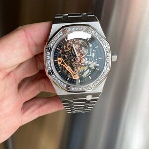 Luxury watch with white stone bezel automatic mechanical stainless steel